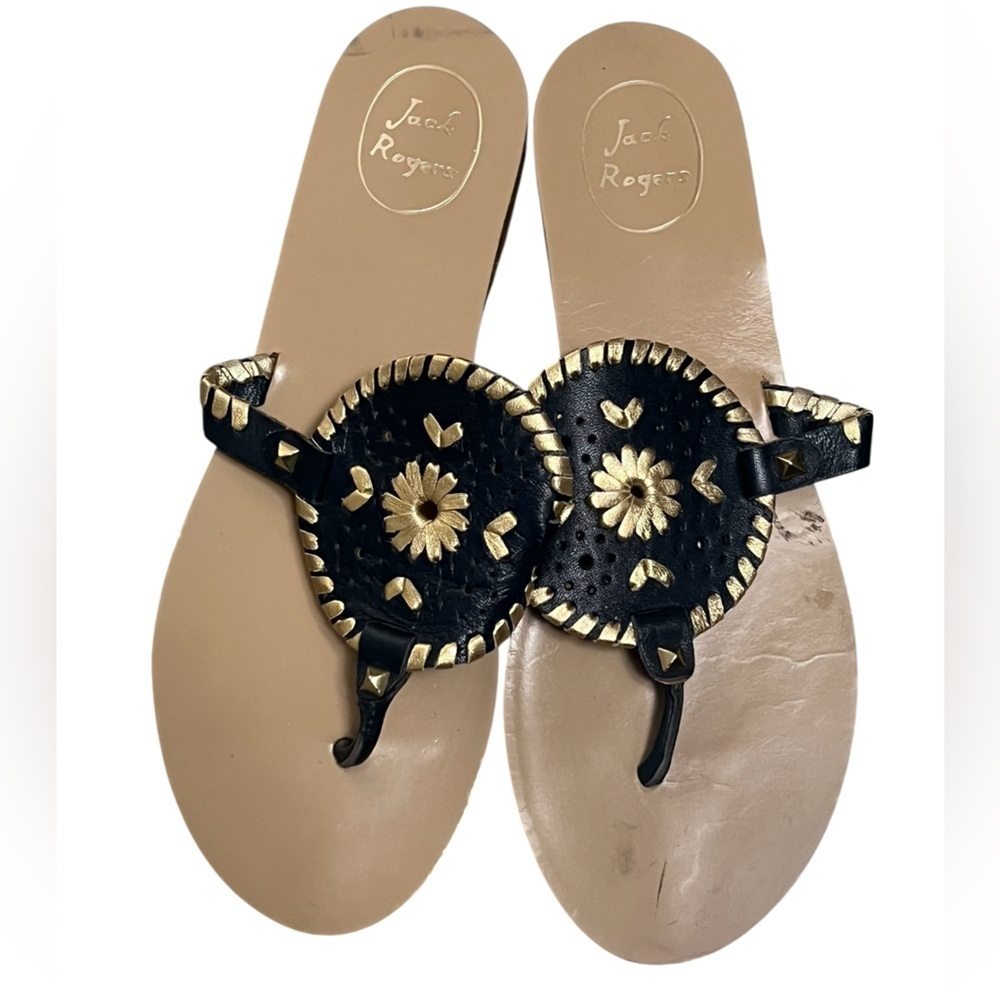 Jack Roger’s Gerorgica navy and gold leather medallion sandals preppy classic - Picture 2 of 10